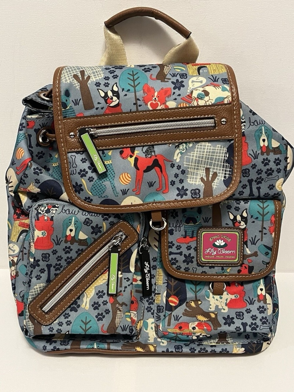 Lily Bloom Multicolor Dog-Print Canvas Backpack with Brown Trim